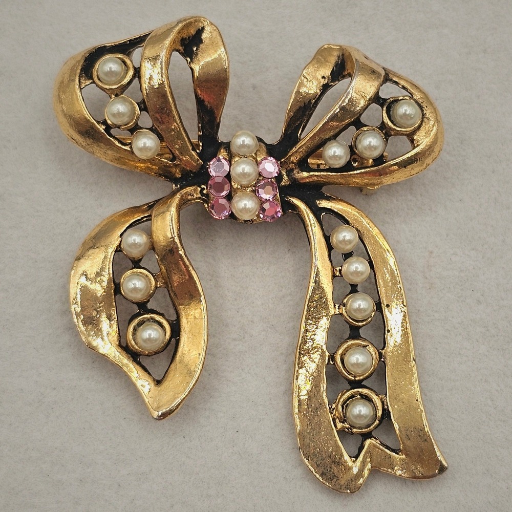 Vintage Bow Brooch Faux Pearl Gold Tone Pink Rhinestones Signed Hidden Heart